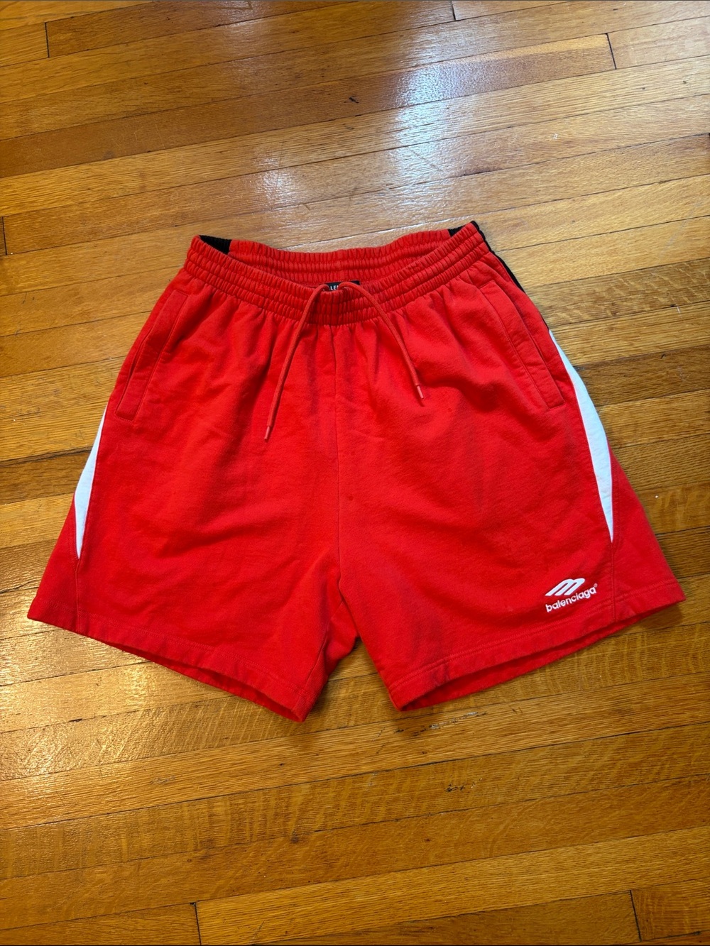 Balenciaga Red Athletic Shorts with White Side Panels